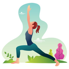 Illustration of a woman who is practicing yoga in the wild. Template for website, mobile app, landing page and ui ux