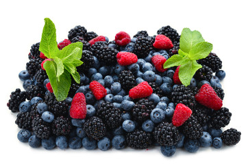 Blackberry, raspberry, blueberry and mint background.