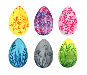 Easter set. eggs in watercolor with floral patterns. Yellow, green, blue, pink, purple and gray