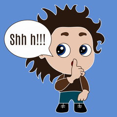 emoji with character shushing shh h to politely tell people to shut up and be quiet to keep silence, boy chibi in color using finger on mouth gesture to stop talking, simple emoticon