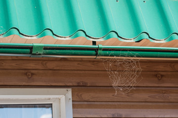 Strong web with thin threads woven by spider on roof of wooden house.
