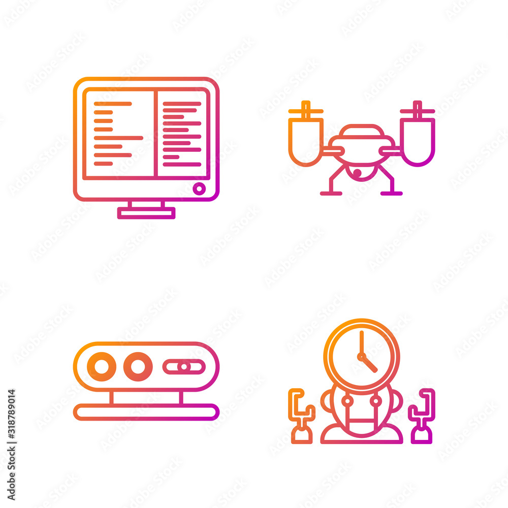 Poster Set line Robot and digital time manager, 3d scanning system, Computer monitor screen and Drone flying with action camera. Gradient color icons. Vector