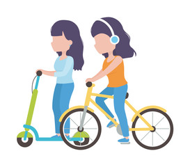 young women riding scooter and bike cartoon characters