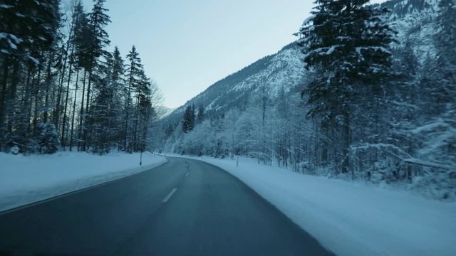Driving through winter landscape, Karwendel, Bavaria, Germany