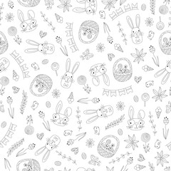 cute vector doodle seamless pattern with easter design: bunny, plants, basket, bird, ribbon, animals, flowers, eggs, ice cream, hearts. unique repeating tile of outline happy easter line art sketch.