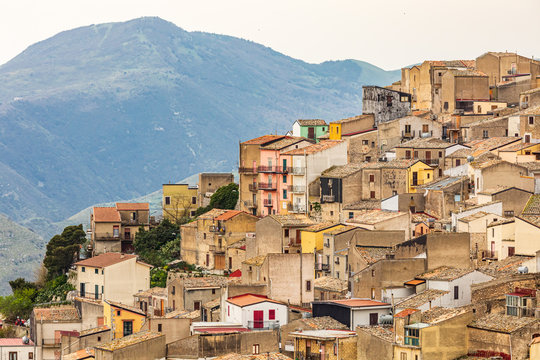 Italy, Sicily, Province of Palermo, Prizzi. View of homes and buildings in the ancient hill town of Prizzi.