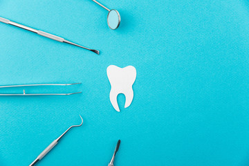 Professional set of dentist equipment tools isolated: dentist mirror, forceps curved, explorer. Dental medical hygiene and health care concept. Dental background. with copy space for text.