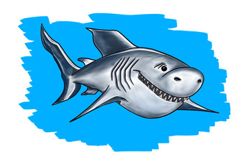 Obraz premium Illustration of a big gray shark smiling. Shark drawing.