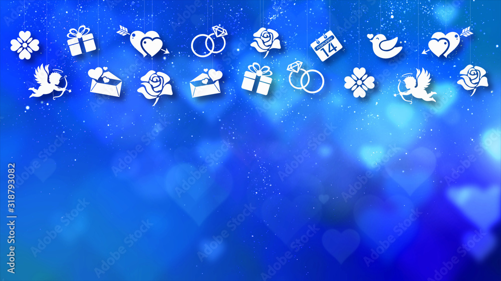 Poster happy valentine theme decoration motion particles animation with drop down graphic icons associated 