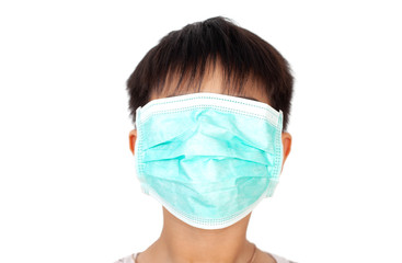 little boy wearing a protective mask on a white background.