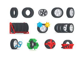 Car tires icon set. Color tyres in flat style. Сoncept for service or store. Isolated vector illustration. © Belozersky