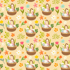 Vector cute flat cartoon easter bunny, hare, rabbit and colorful decorative eggs seamless pattern bright colored with yellow background