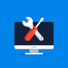 Computer repair service concept. Technical support. Wrench and screwdriver on screen pc. Isolated vector illuatration in flat style.