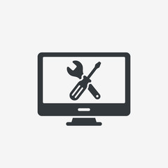 Computer repair service icon. Technical support. Wrench and screwdriver on screen pc. Isolated vector illuatration in flat style.