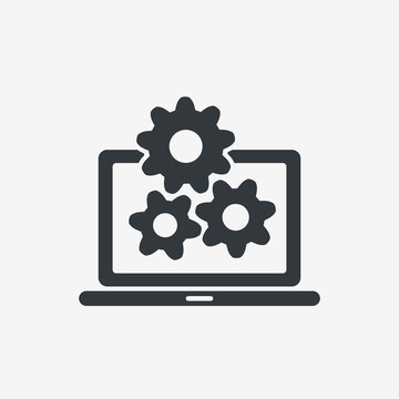 Technical support icon. Computer service. Gears screen laptop. Isolated vector illuatration in flat style.