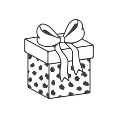 Gift box with a bow. Holiday present wrapped paper. Vector line art isolated on white background