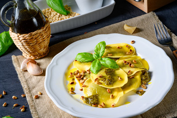 Vegetariano italiano! Tortelli with roasted pine nuts and pesto basilico