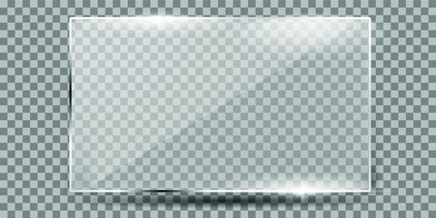 Glass plate on transparent background. Acrylic and glass texture with glares and light. Realistic transparent glass window in rectangle frame. Vector