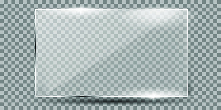 Glass plate on transparent background. Acrylic and glass texture with glares and light. Realistic transparent glass window in rectangle frame. Vector
