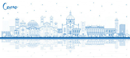 Naklejka premium Outline Como Italy City Skyline with Blue Buildings and Reflections.