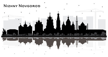 Nizhny Novgorod Russia City Skyline Silhouette with Black Buildings and Reflections Isolated on White Background.