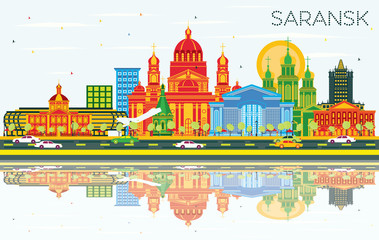 Saransk Russia City Skyline with Color Buildings, Blue Sky and Reflections.