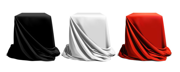 Three podiums are draped with silk of different colors. Highly realistic illustration.