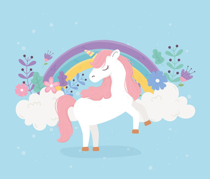 unicorn pink hair flowers rainbow fantasy magic dream cute cartoon
