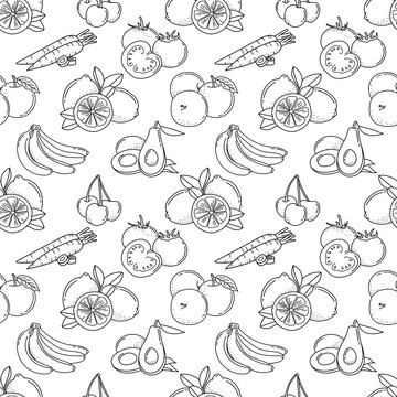 Vector seamless pattern with hand drawing vegetables and fruits; doodle food for fabric, wallpaper, package, wrapping paper, textile, web design. Black and white vector illustration.