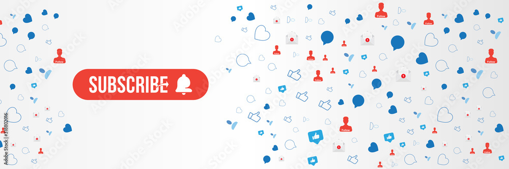 Poster subscribe banner with button and bell icon. red button for channel and video blog in social media on