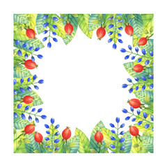  Bright, decorative watercolor frame of leaves, blue berries, red rose hips