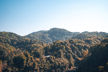 Mountains and mountain villages in rural Asia evening