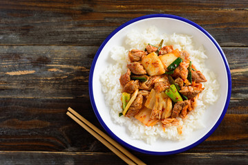 Stir-fried pork with kimchi eating with rice, Korean food