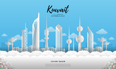 Kuwait National Day celebration on 25 & 26 February vector. Kuwait city skyline and colorful abstract pattern with sample text. Template for banner, poster, flyer or invitation card.