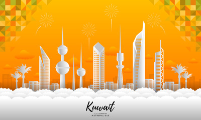 Kuwait National Day celebration on 25 & 26 February vector. Kuwait city skyline and colorful abstract pattern with sample text. Template for banner, poster, flyer or invitation card.