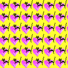 Fototapeta premium Cute seamless pattern with hearts and cats. Romantic texture for backgrounds, wrapping paper, packaging, greeting cards, prints, covers, fabric, textile, birthday, Valentine's Day