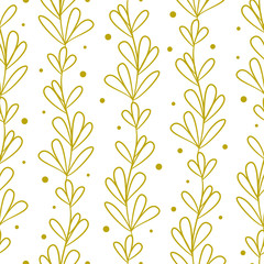Vector seamless pattern with gold vertical branches and leaves on white background; abstract floral design for fabric, wallpaper, textile, web design.