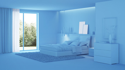Modern house interior. Blue interior. 3D rendering.