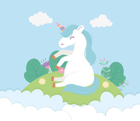 unicorn sitting in flowers clouds sky fantasy magic dream cute cartoon
