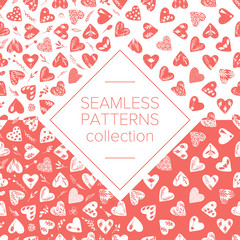 Naklejka na ściany i meble Vector collections of hand drawn hearts isolated on transparent background. Love valentines day clipart. Heart shape decorated floral elements: rose, tulip, key with wings, arrows. Seamless pattern