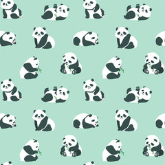  Animal background. Seamless pattern with cute baby pandas on green background. Vector 8 EPS. © slybrowney