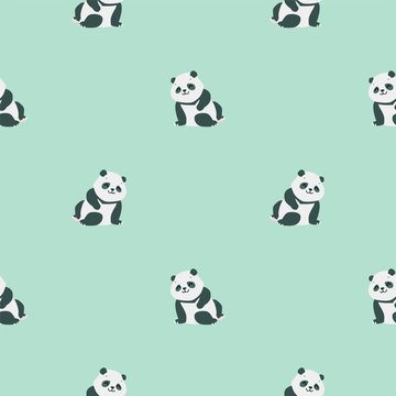 Animal background. Seamless pattern with cute sitting baby pandas on green background. Vector 8 EPS.
