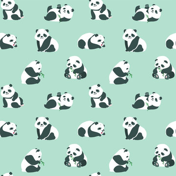  Animal background. Seamless pattern with cute baby pandas on green background. Vector 8 EPS.
