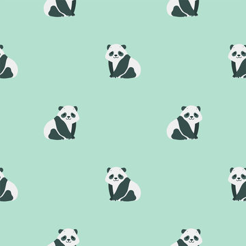 Animal background. Seamless pattern with cute sitting baby pandas on green background. Vector 8 EPS.