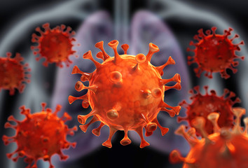 Corona Virus vor Körper mit Lunge - Wuhan Virus - obrazy, fototapety, plakaty