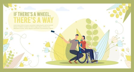 Disabled People Optimistic Life Position, Active Social Life Trendy Flat Vector Banner, Poster Template. Paralyzed Woman, Disabled Wife Spending Time, Resting, Making Selfie with Husband Illustration