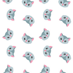 Seamless pattern with cute cartoon cat faces on white background. Illustration in flat style. Vector 8 EPS.