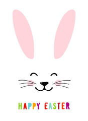 Happy easter. Holiday card with the head of a rabbit. Easter banner with a portrait of a cute bunny, cartoon character with pink ears. Vector illustration isolated on a white background.