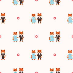 Cute animal pattern. Cartoon pattern with cute couples of foxes. Illustration in flat style. Vector 8 EPS.