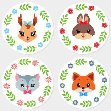 Cute cupcake toppers. Set of 4 cupcake toppers with cartoon illustrations of cute animal faces. Vector 8 EPS.